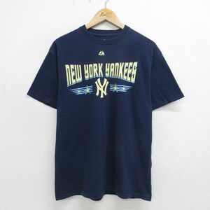 L/古着 マジェスティック 半袖 ビンテージ Tシャツ メンズ 00s MLB ニューヨークヤンキース コットン クルーネック 紺 ネイビー メジャーリ