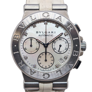 【天白】BVLGARI ブルガリ ディアゴノ クロノグラフ DG35SCH SS レザー シェル ダイヤ ホワイト 自動巻き メンズ 腕時計 男