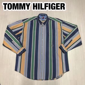 TOMMY HILFIGER トミーヒルフィガー 長袖シャツ XL ストライプ ネイビー×グリーン×イエロー×ホワイト×ライトブルー 刺繍ロゴ オールド