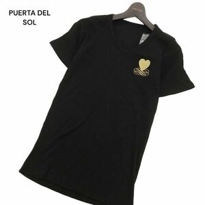 新品 未使用★ PUERTA DEL SOL プエルタデルソル ロゴワッペン 刺繍 半袖 Vネック リブ カットソー Tシャツ Sz.M　メンズ 黒　C4T03351_4#A