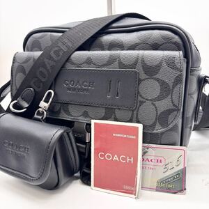 近年モデル 極美品 コーチ COACH メンズ メッセンジャーバッグ ショルダーバッグ 斜め掛け レザー 黒 PVC ビジネス シグネチャー ポーチ付