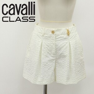 ◆cavalli CLASS カヴァリ クラス ストレッチ コットン シアサッカー ヘビ ゴールド金具 タック ショート パンツ オフホワイト 40