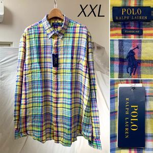 新品正規 POLO RALPH LAUREN ポロ ラルフローレン チェック柄 リネン 長袖 ボタンダウン シャツ XXL 定2.64万 メンズ 3L イエロー 送料無料