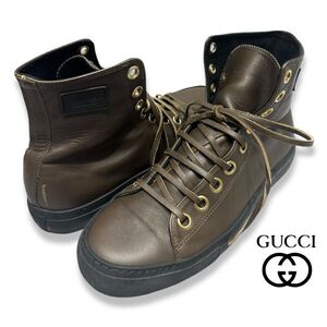 ★ 5 正規品 GUCCI グッチ high cut sneakers 111 6096 1 1860 レザー ハイカットスニーカー シューズ ロゴ ダークブラウン メンズ