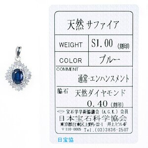 Z_589 Pt850 サファイア1.00ct ダイヤモンド0.40ct ペンダントトップ 日本宝石科学協会ソーティング付き