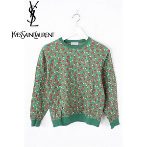 A3897/ビンテージ 80s 90s 極美品 春夏 Yves Saint Laurent イヴサンローラン コットン 総柄 長袖 Tシャツ トレーナー 150 緑/レディース