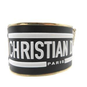 美品 クリスチャンディオール ロゴ レザー メタル ブラック 黒 ゴールド ブレスレット バングル 0110 Christian Dior