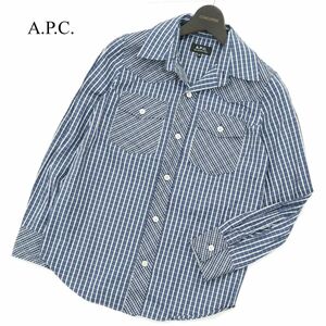 A.P.C. アーペーセー 通年 切替★ 長袖 ウエスタン チェック シャツ Sz.XS　メンズ ネイビー　A3T08613_7#C