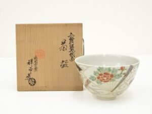 ys7112378; 宗sou 京焼　清閑寺窯　杉田祥平造　色絵流水扇面茶碗（保護箱）【道】