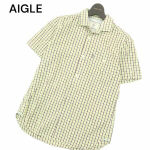 AIGLE エーグル 春夏 ポリ&コットン ロゴ★ 半袖 刺し子 チェック シャツ Sz.M　メンズ アウトドア　A4T06822_6#A