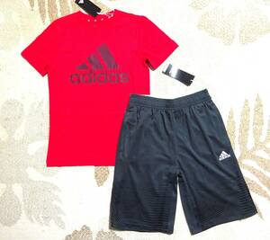 送料込み!!★新品★adidasアディダス★140★快適!半袖Ｔシャツ(レッド/赤)・軽量快適素材!グラフィックハーフパンツ(グレー)★上下★即決