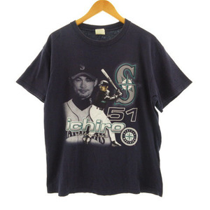 マジェスティック MAJESTIC Tシャツ イチロー ICHIRO シアトルマリナーズ プリント ネイビー 紺 M メンズ