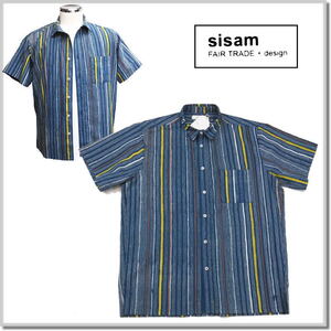 sisam（シサム工房）／FAIR TRADE + design エシカルメンズ オーガニックコットン ハンドプリントシャツ 24SCH1703-BLUE GREEN 半袖シャツ