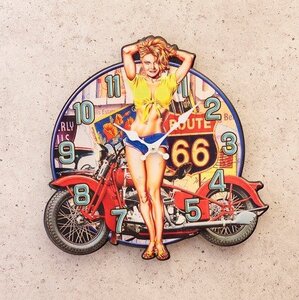 【Sexy Girl】※《アンティークエンボスクロック・ROUTE66》　アメリカン雑貨　ブリキ看板　メタルサイン　時計　R66