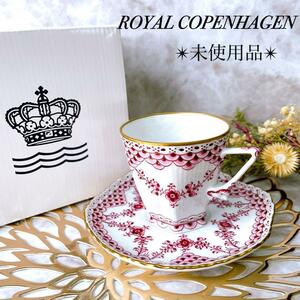 未使用★ROYAL COPENHAGEN ロイヤルコペンハーゲン/カップ＆ソーサー/バーガンディ/フルーテッド*フラワーガーランド*フルレース/顔付*金彩