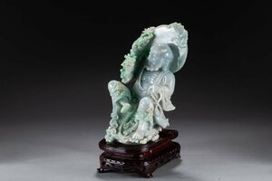 【華】某有名収集家買取品 清時代物 中国伝来 天然翡翠降龍羅漢置物 台座付き 古美術 骨董品YB230197-PQQ