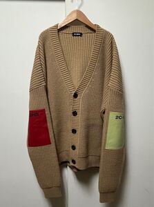 美品　ラフシモンズ RAF SIMONS 2018AW ウール カーディガン ニット レザーパネル パッチ ベージュサイズS セーター送料込オーバーサイズ