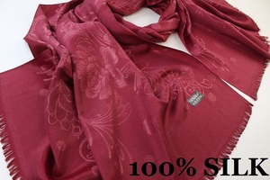 新品【SILK シルク100%】ラメ織 ドット 華 ペイズリー柄 大判 ストール/スカーフ W.RED 赤 ワインレッド系