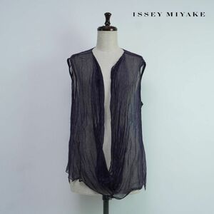 美品 HaaT issey miyake イッセイミヤケ キュプラ シースルー ドレープドネックノースリーブブラウス トップス レディース 紺 サイズ2*QC39