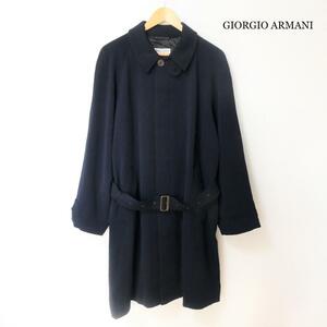 美品 GIORGIO ARMANI ジョルジオアルマーニ サイズ44 ウール×モヘヤ ウエストベルト ロング ツイル ステンカラーコート 紺 ネイビー