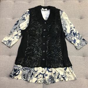 **/おば様♪新品るんびに白ゆり會　麻入り軽量ベスト 黒カギ編みベスト えりが可愛いお洒落ベスト 大人可愛いカジュアルデザインベスト