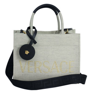 ヴェルサーチ バッグ レディース VERSACE トートバッグ ショルダーバッグ 2WAY スタッズロゴ キャンバス グレー系 1014568 1A10398 2K09V