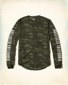 * HOLLISTER ホリスター クルーネック グラフィック Tシャツ GRAPHIC LONG SLEEVE TEE 長袖 袖ロゴ ロンT S / 迷彩 Camo *