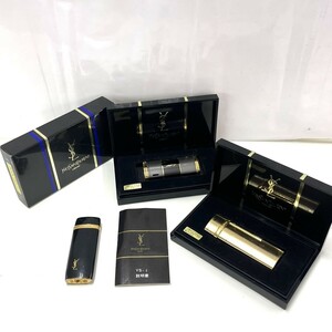 D027-△◎ YSL YVES SAINT LAURENT イヴサンローラン ライター 3点 セット 説明書/箱付き 火花有 ゴールドカラー ブラック グレー 喫煙具