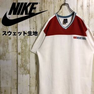 【激レア】NIKE ナイキ バスケットボール ワンポイント 刺繍ロゴ 刺繍スウッシュ 裾スリット スウェット生地 切替 半袖Tシャツ XL 古着