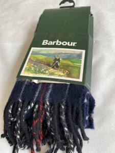 未使用新品 (2000年製) Barbour Lambswool Scarf (One Size) D249 バブアー 100%ラムウールスカーフ ネイビーチェック*スコットランド製