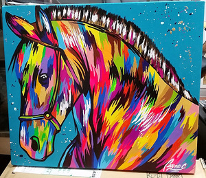 レインカラセド 絵画 本人肉筆 直筆 レインボーアート 馬 午 午年 ホース 乗馬 ラテン 競馬 45×53cm