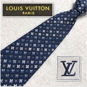 ■美品■LOUIS VUITTON ルイヴィトン　クラヴァット　ネクタイ　モノグラムの花　フラワー　総柄　シルク100% イタリア製　ブルー系