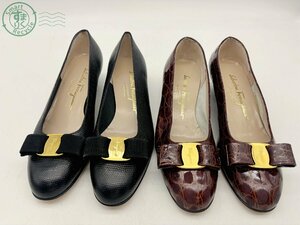 2406601666　▲ Salvatore Ferragamo フェラガモ パンプス 2点 6 1/2 7 24.0 24.5cm相当 ヴァラリボン ブラック ブラウン 靴 中古 ジャンク