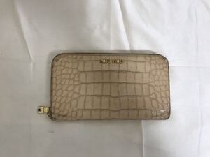 本物ミュウミュウmiumiu本革レザークロコ型押しラウンドジップファスナー長財布サイフ札入れメンズレディースベージュ