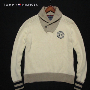 【トミーヒルフィガー】 ショールカラー　カレッジニット　アイボリー　コットンニット　胸ロゴ　TOMMY HILFIGER