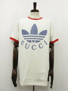 HH 22SS 美品【グッチ×アディダス GUCCI×adidas】702612 XJEB1 トレフォイルロゴ 半袖カットソー Tシャツ(メンズ) M 白系 伊製■17MT5050