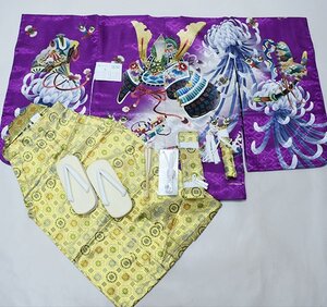 七五三 五歳 男児 羽織袴フルセット 着物 L寸 金刺繍 豪華絢爛 綸子地 紫地 兜 菊 袴変更可能 祝着 新品（株）安田屋 NO38747