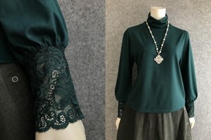 ◆新品◆*ふっくらパフ袖*オフタートル*レースお袖カットソー＊Green*