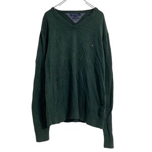 TOMMY HILFIGER カシミア混 ニット セーター XL グリーン トミーヒルフィガー Vネック ビッグサイズ 古着卸 アメリカ仕入 a610-6619