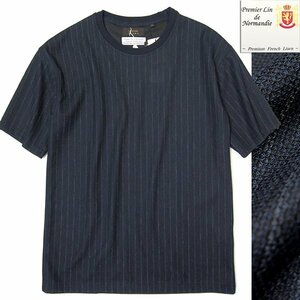 新品 クリスチャンオラーニ フレンチリネン クルーネック Tシャツ L 紺 【I56868】 CHRISTIAN ORANI 春夏 サマー メンズ ストレッチ