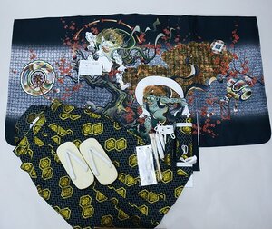 七五三 五歳 男児 羽織袴フルセット 着物 L寸 金刺繍 豪華絢爛 綸子地 黒地 袴変更可能 祝着 新品（株）安田屋 NO38793