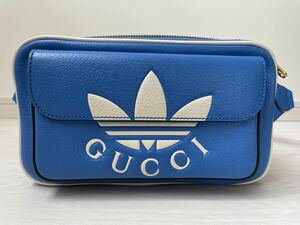 【グッチ】 アディダス トレフォイルロゴ ボディバック クロス ショルダー　GUCCI adidas 青　ブルー　ウェストバッグ　TREFOIL LOGO 