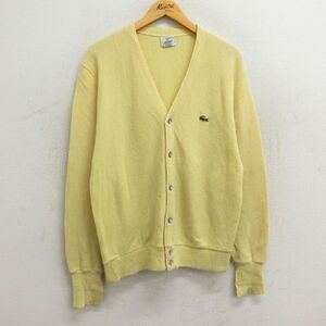 L/古着 ラコステ IZOD 長袖 ブランド ニット カーディガン メンズ 90s ワンポイントロゴ アクリル Vネック 黄 イエロー 23sep27 中古 2OF