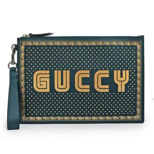 （未使用　展示品）グッチ GUCCI GUCCY プリント クラッチ セカンド ハンドバッグ レザー ディープターコイズ ゴールド 緑 510489 箱付