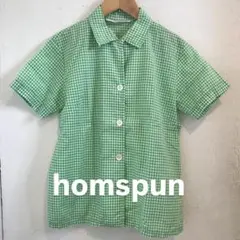 美品homspun ホームスパン ギンガムチェック半袖ブラウス シャツ ステッチ