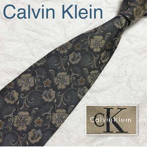 Calvin Klein カルバン・クライン　ネクタイ　花柄　シルク100% 日本製　シルバーグレー