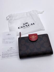 A007 新品 コーチ COACH 折り財布 シグネチャー ジップ ウォレット ブラウン×レッド 