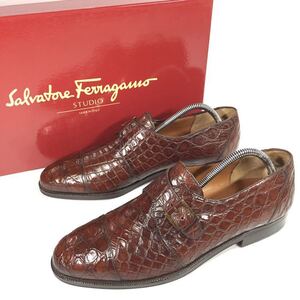 【フェラガモ】本物 Ferragamo 靴 25.5cm 茶 総クロコダイル モンクストラップ ビジネスシューズ ワニ革 メンズ イタリア製 7 1/2 D 箱