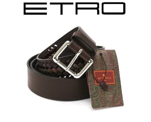 10万新品◆105◆エトロ 編みレザーシルバーバックル デザインベルト ブラウン茶【ETRO】1円