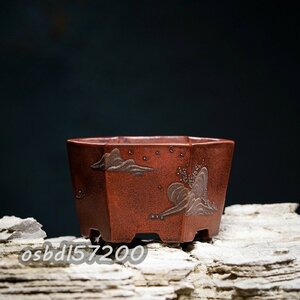 特売！品質保証★植木鉢 盆栽鉢 宜興紫砂の鉢 手作りの六角鉢